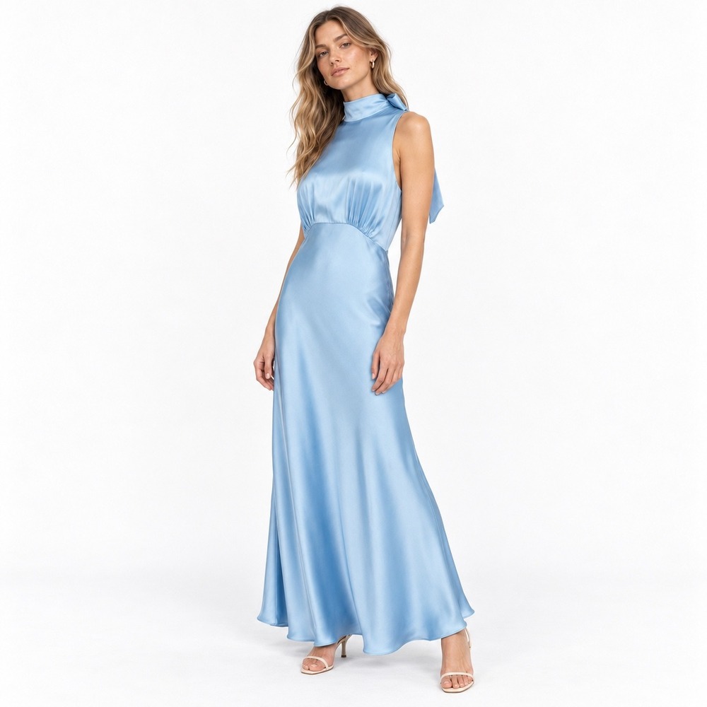 Favorite Daughter Whisk Me Away Satin Dress Women 2 Blue Mock Neck Bow Back